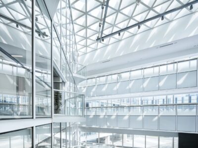 Building of glass windows and railings